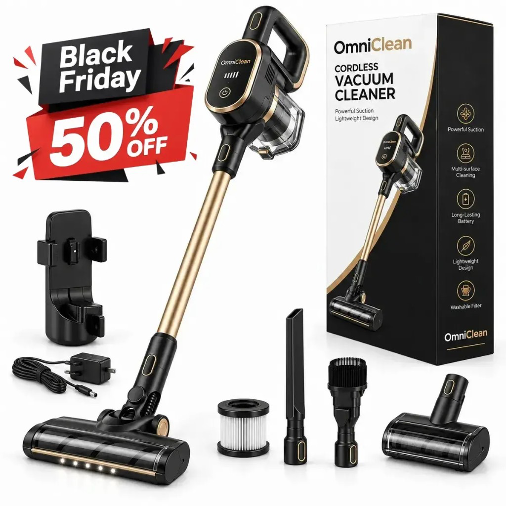 OmniClean — cordless vacuum with LED lights, HEPA filter, and full accessory kit