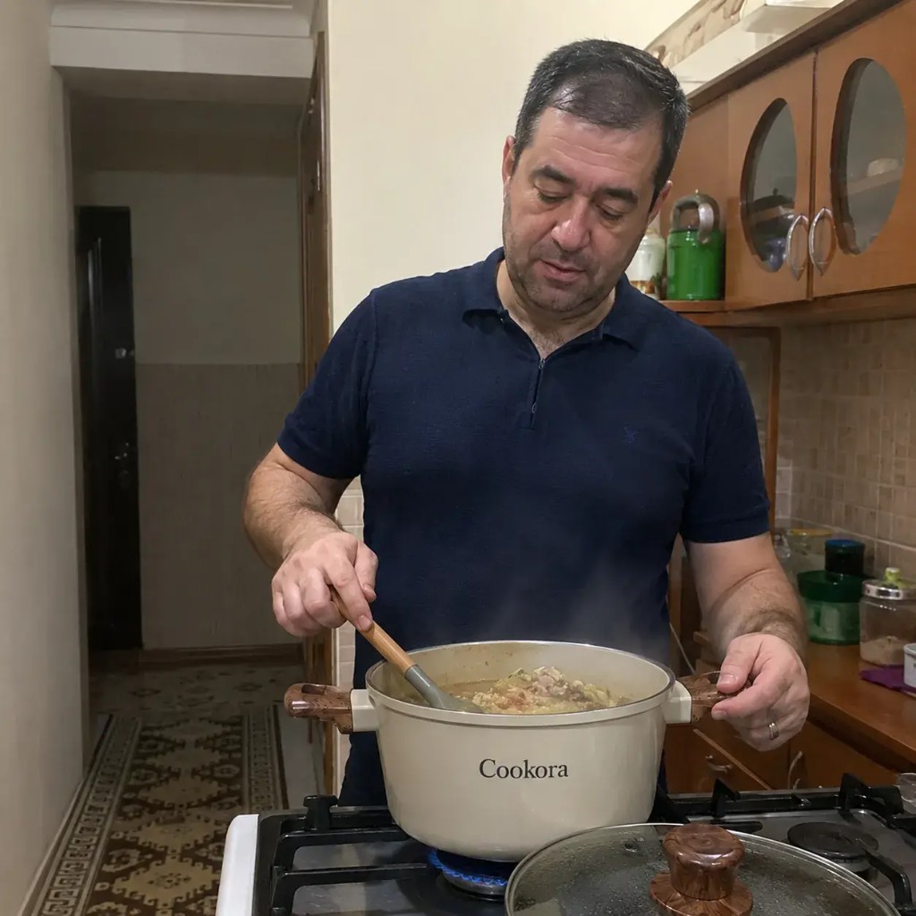 Cookora customer cooking with the cream stone cookware set at home